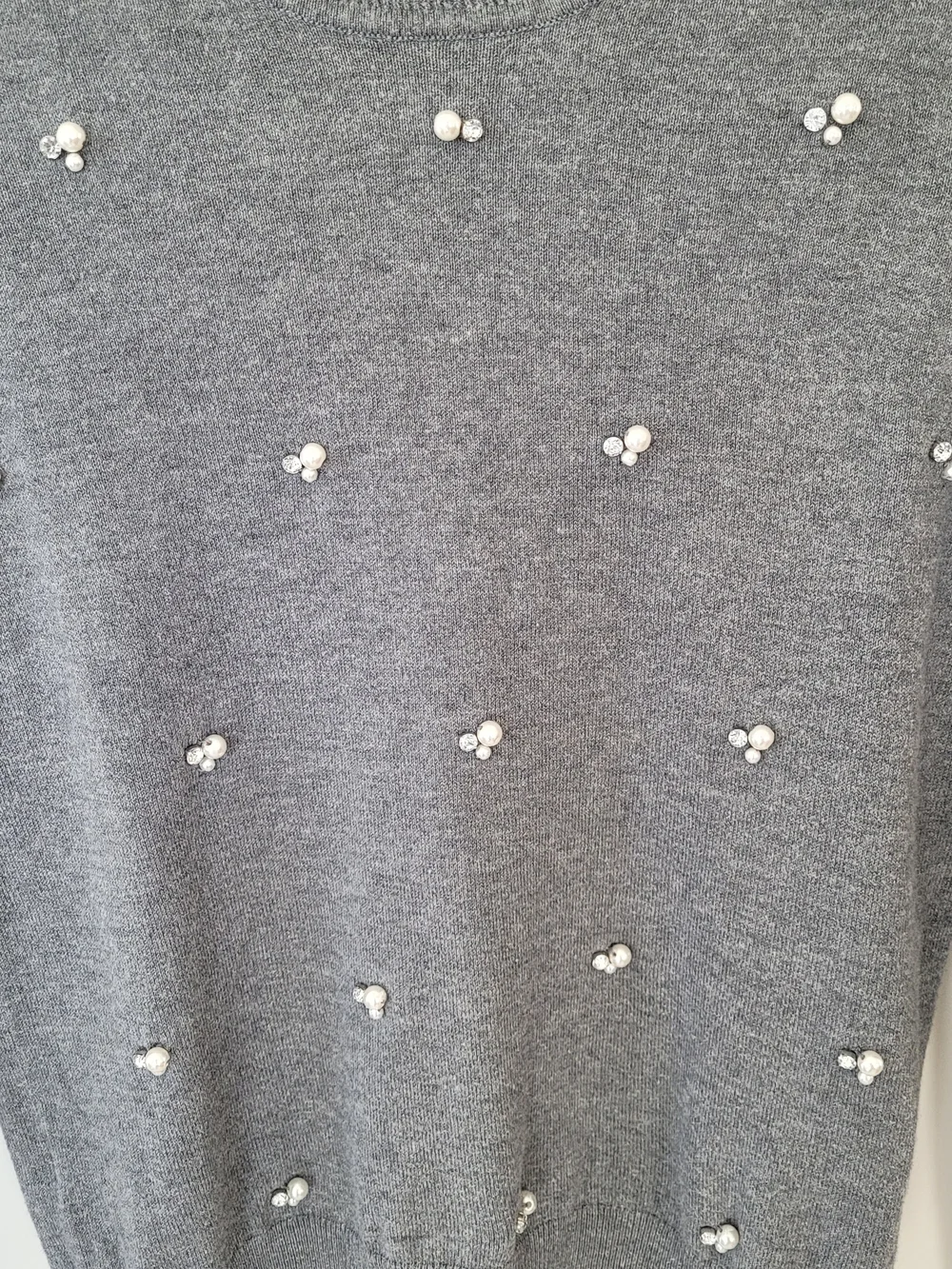 Ann Taylor Factory Gray Crewneck Sweater with Pearl Clusters